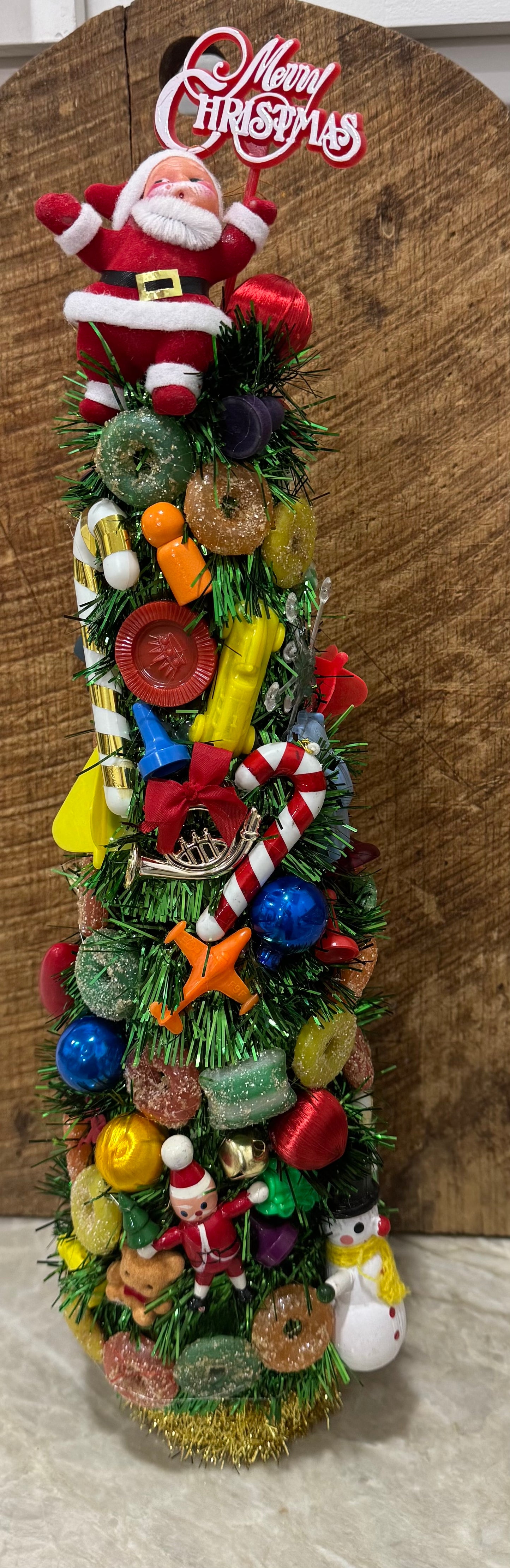 Handcrafted Tabletop Christmas Tree with vintage ornaments