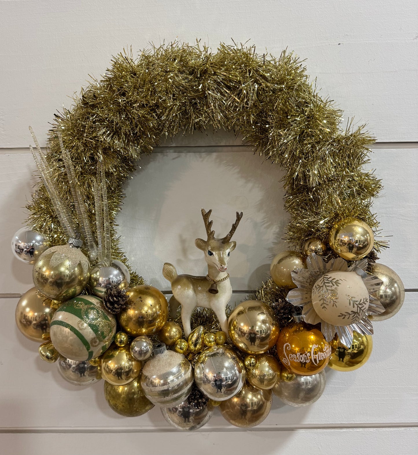 Handmade Gold Wreath with Vintage Ornaments and Deer