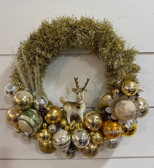 Handmade Gold Wreath with Vintage Ornaments and Deer